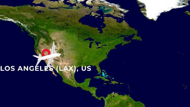 International flight travel route from LOS ANGELES (LAX), US to TOKYO NARITA (NRT), JP on worlds map in 4K
