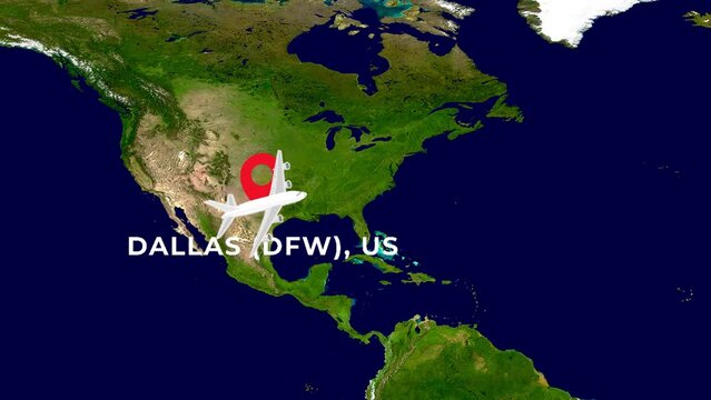 International flight travel route from DALLAS (DFW), US to TOKYO NARITA (NRT), JP on worlds map in 4K