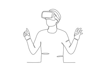 Continuous one line drawing of Man using virtual reality headset. Modern continuous line draw design graphic vector illustration
