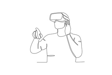 Continuous one line drawing of Man using virtual reality headset. Modern continuous line draw design graphic vector illustration
