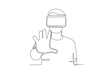 Continuous one line drawing of Man using virtual reality headset. Modern continuous line draw design graphic vector illustration
