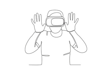 Continuous one line drawing of Man using virtual reality headset. Modern continuous line draw design graphic vector illustration
