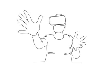 Continuous one line drawing of Man using virtual reality headset. Modern continuous line draw design graphic vector illustration
