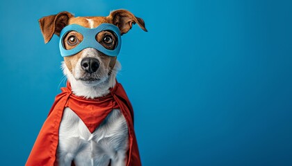 Dog dressed as a superhero with a mask and cape, blue background