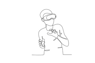 Continuous one line drawing of Man using virtual reality headset. Modern continuous line draw design graphic vector illustration
