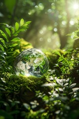 Glass Earth globe on moss with sunlight filtering through leaves, lush green background, serene