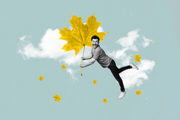 Collage image artwork picture of cheerful funny man enjoy autumn season hold leaf isolated on creative drawing background
