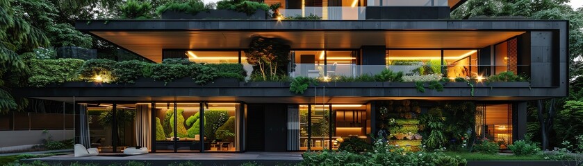 Fototapeta premium Modern house with lush vertical gardens, large windows, and evening light
