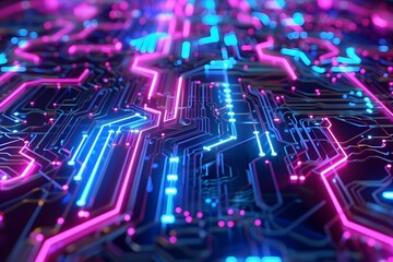 Fototapeta premium Vivid Neon Circuitry Sprawling Across a Dark Digital Realm,Glowing in Electric Blue and Vibrant Pink