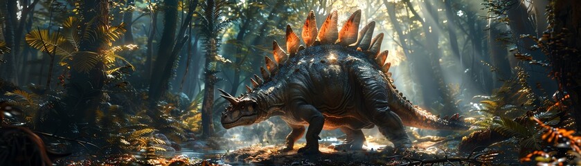 Stegosaurus in a dense jungle, sunlight streaming through leaves