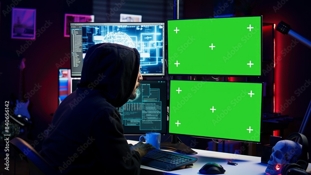 Poster hacker using ai and green screen computer monitors to produce malicious malware corrupt company data