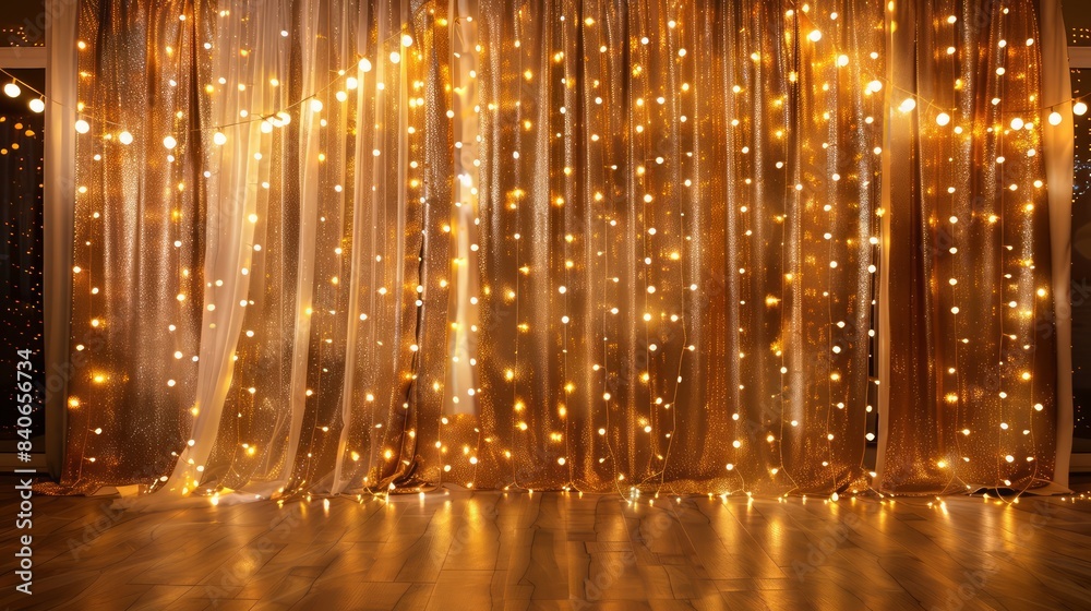 Poster A room with a curtain hanging in front of a window