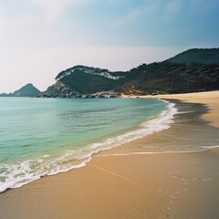 Fototapeta premium Scenic beach view, peaceful coastline, serene seascape, calm ocean waves, sandy shore, tranquil beach scene, nature photography, coastal landscape