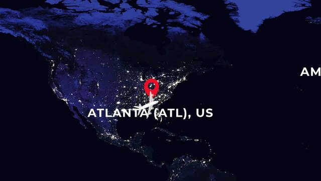 International flight night travel route from ATLANTA (ATL), US to AMSTERDAM SCHIPHOL (AMS), NL on worlds map in 4K