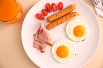 breakfast egg fried ham and sausage breakfast in studio shooting