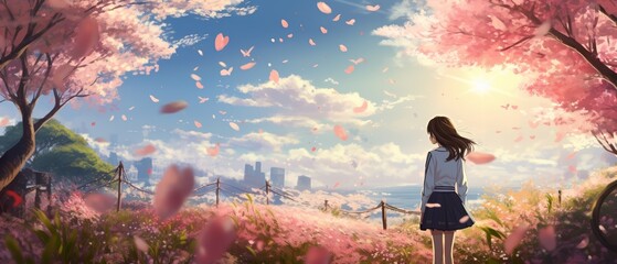 Anime girl in school uniform, gentle breeze, soft morning light, wide shot, blooming flowers around.