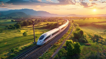 A sleek, modern high-speed train speeding through a picturesque countryside, showcasing advanced technology and efficient transportation