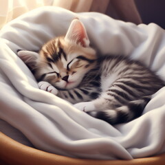  Kitten sleeping on the bed.