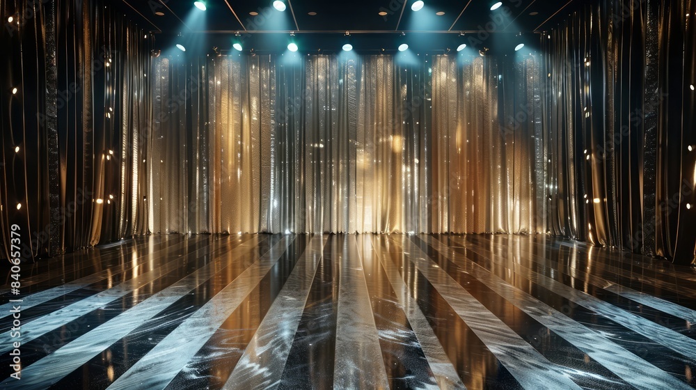 Poster a large, empty stage with a curtain hanging in the background