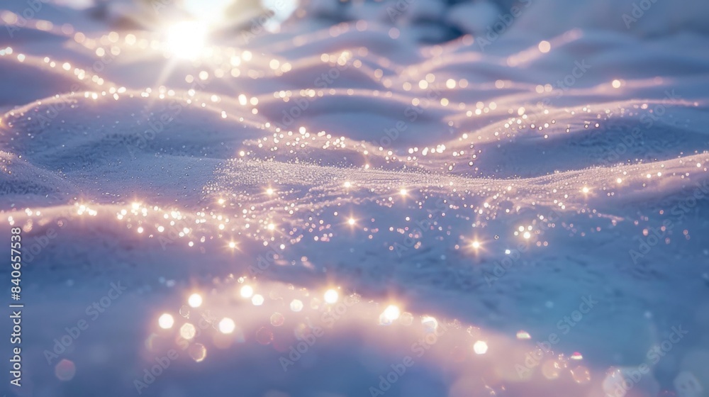 Poster a snow-covered landscape with beams of sunlight creating sparkling reflections on the snow, evoking 