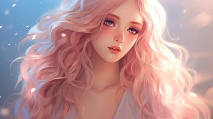 Beautiful anime girl with flowing hair, soft pastel colors, gentle lighting, close-up, dreamy background.