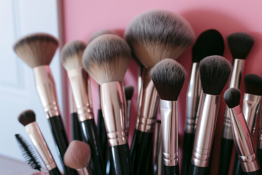 set of brushes, An elegant display of professional makeup brushes, meticulously arranged on a smooth table surface, set against a soft pink background