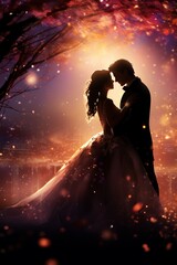 Bride and groom kissing, sparkling background, soft focus, anime style, enchanted evening setting.