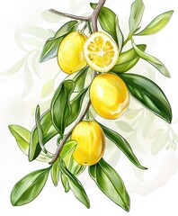 Vibrant lemon tree with ripe lemons and green leaves, Fresh citrus fruit artwork, Beautiful botanical illustration