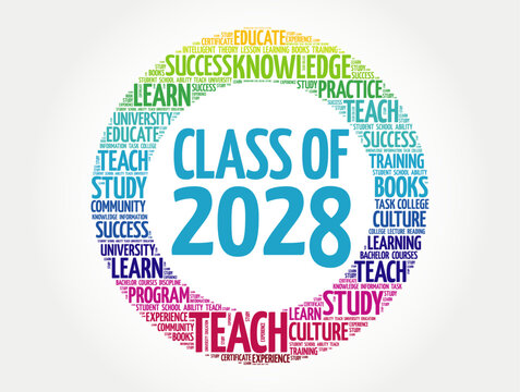 Class of 2028 - the group of students who graduated from high school or college in the year 2028, word cloud concept background