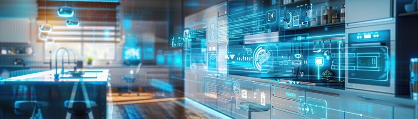 Depict a 3D visualization of various smart devices optimizing daily routines, focus on, theme convenience, dynamic, Overlay, hightech kitchen backdrop