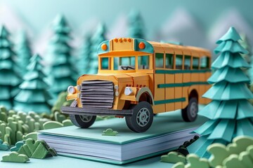School Bus Balancing on Top of an Open TextbookThis high-resolution stock photo features a bright yellow school bus precariously balanced on top of a large, open textbook