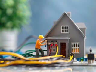 Internet service provider technician setting up home internet connection, focus on customer service, realistic, blend mode, suburban home backdrop