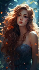 Naklejka premium Elegant anime girl with long hair, serene expression, soft glow, close-up, mystical forest setting.