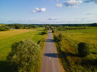 View of the roads, landscape and roadside from the height of a flying drone.