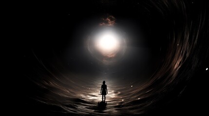 Fototapeta premium Human with cosmic black hole in belly, subtle ambient light, wide shot, mysterious and surreal scene.
