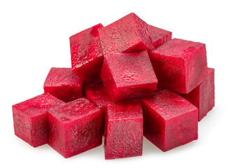 Raw red beetroot cubes isolated on white background.