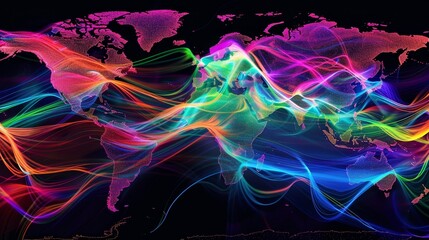 Dynamic global internet traffic map with undersea cables, vibrant colors illustrating data exchange hubs and network flows