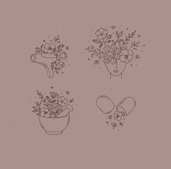 Beauty floral woman modern icons hair removal laser head with flowers kitchen mortar food supplement pill drawing in linear style on light brown background