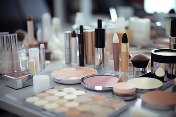 A table filled with various types of makeup products
