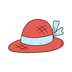 Hand drawn female red hat with blue ribbon on white background.