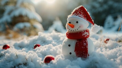 Obraz premium A snowman wearing a bright red hat and matching scarf, set against a snowy backdrop