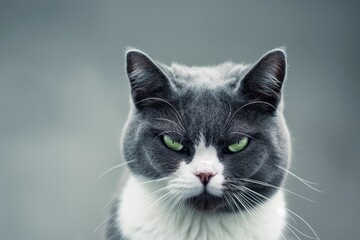 A portrait of an angry or grumpy cat with colourful eyes, standing against a plain background. The focus is on the fur texture and facial expressions, capturing its grumpy demeanor.