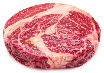 Obraz premium Raw ribeye steak on white background. File contains clipping path..