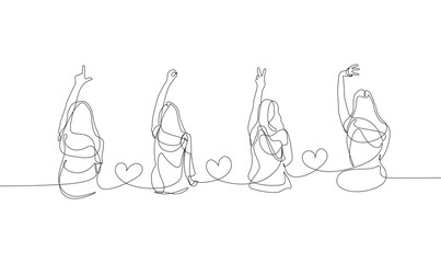 Continuous line drawing of young and cheerful people having fun together. Simple line art style vector illustration