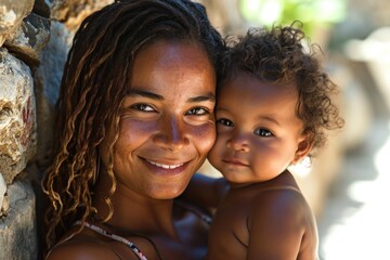 Fototapeta premium A mother holds a baby close, showcasing the bond between them