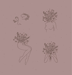 Beauty floral woman modern icons face bust legs hands with flowers drawing in linear style on light brown background