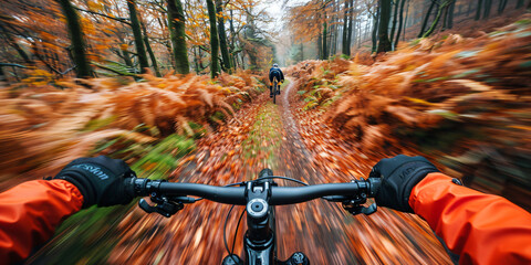 Mountain biking in an autumn forest trail. Dynamic point of view with motion blur. Outdoor adventure and sport concept for design and print