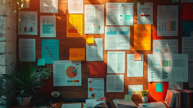 Sunlit office bulletin board filled with charts, graphs, notes, and documents, showcasing a creative and organized workspace environment.