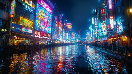 Japan city street at night. Neon lights and billboards, cars on wet road