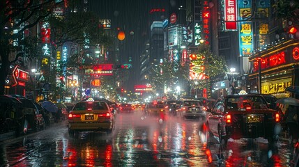 Obraz premium Japan city street at night. Neon lights and billboards, cars on wet road